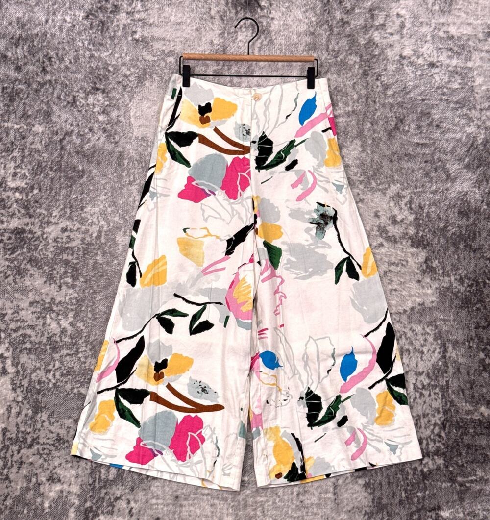 New Anthropologie Pants 8 Womens Maeve Linen Wide Leg Crop Floral Art Motif
